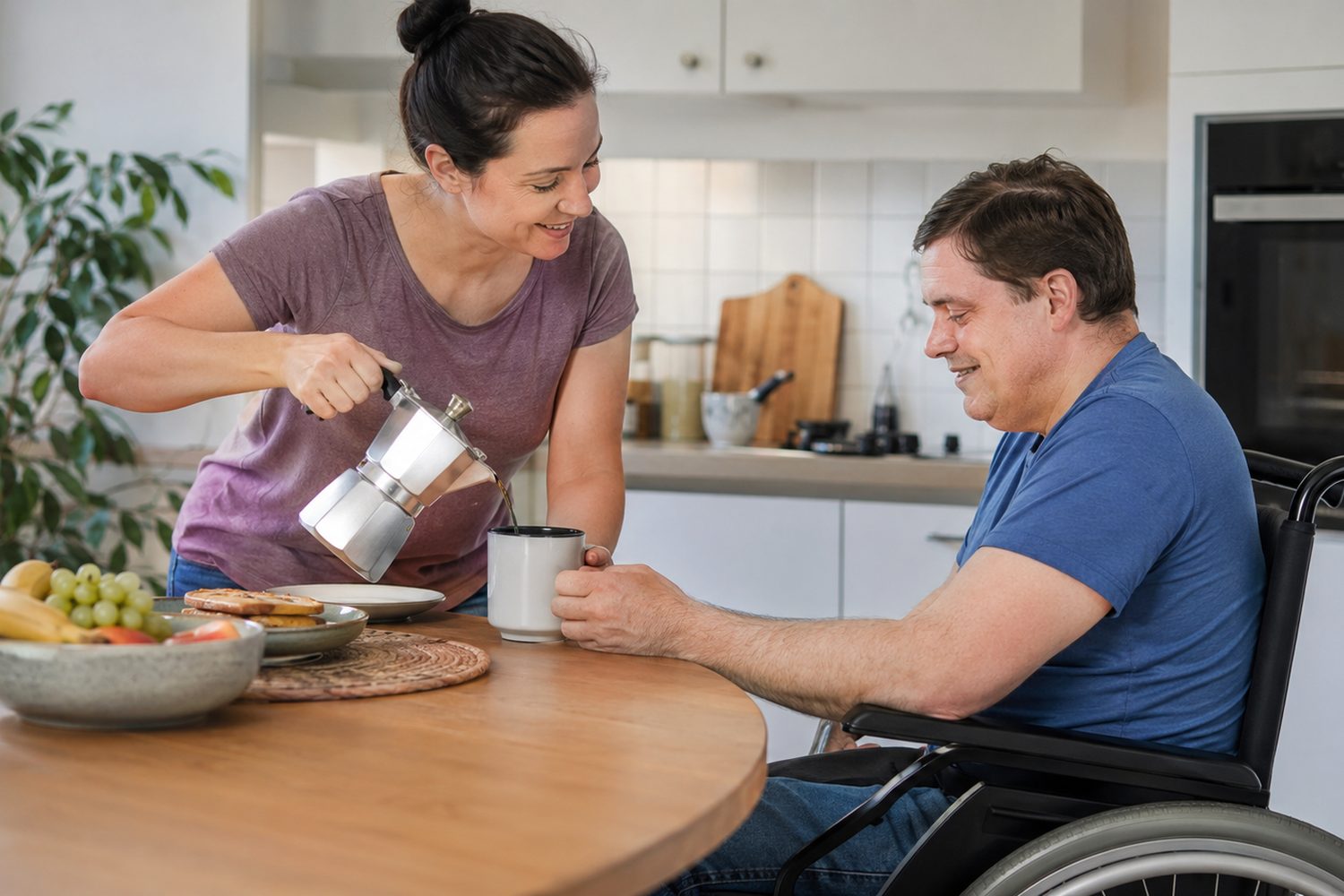 A support worker pouring coffee for a man in a wheelchair at his kitchen table