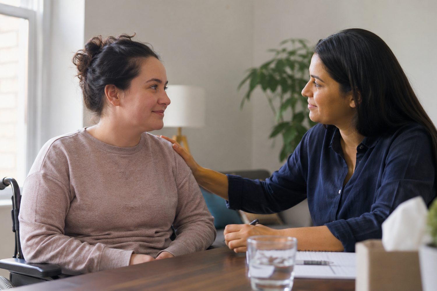 A support worker listening supportively, with a reassuring hand on a participant's shoulder