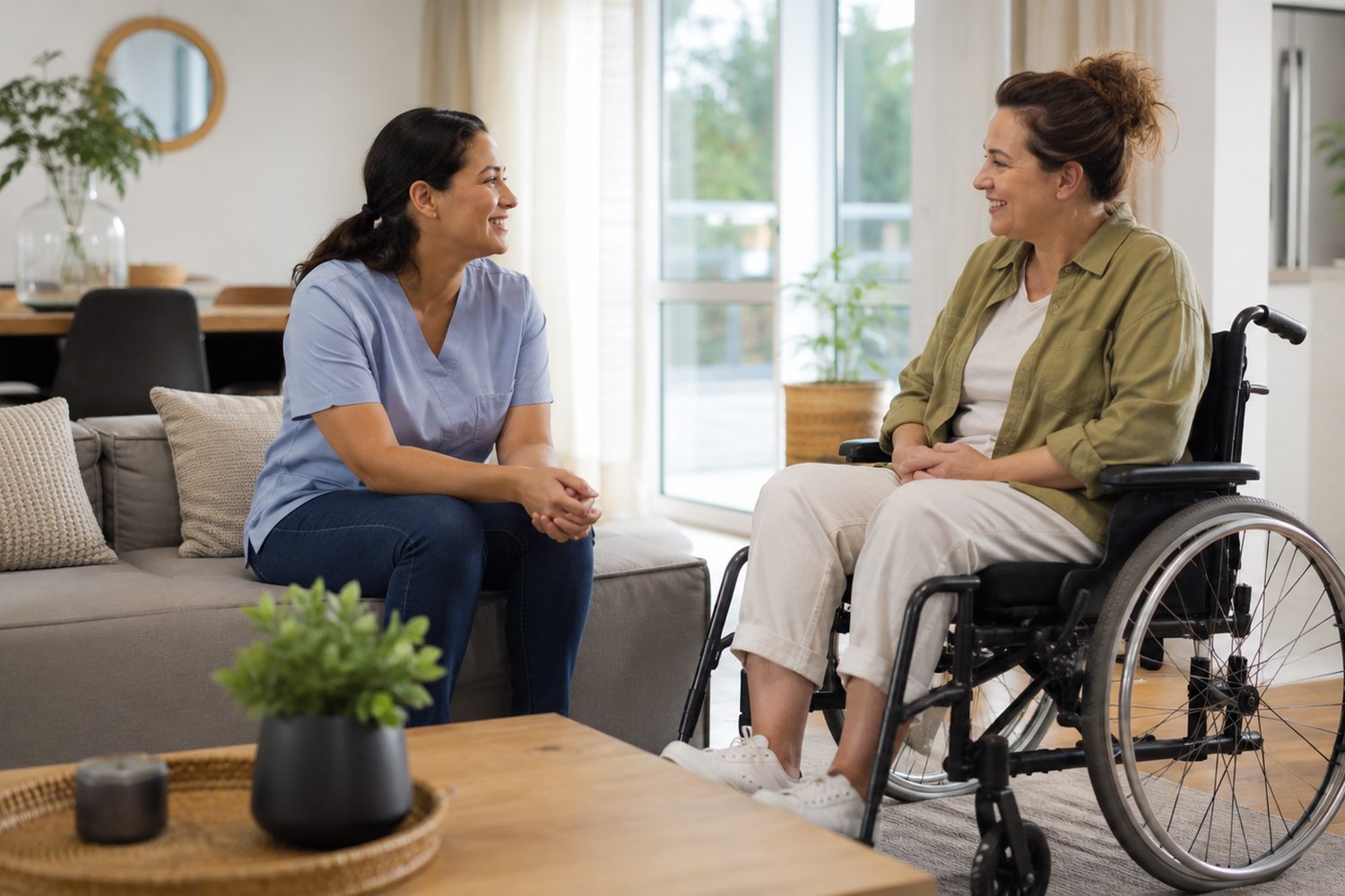 A support worker chatting and laughing with a participant in her living room